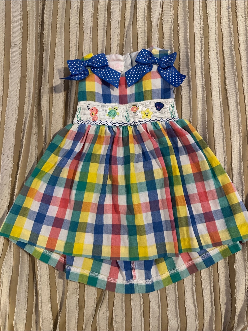Bonnie Baby Multicolor Gingham Dress with Blue Polka-Dot Bows